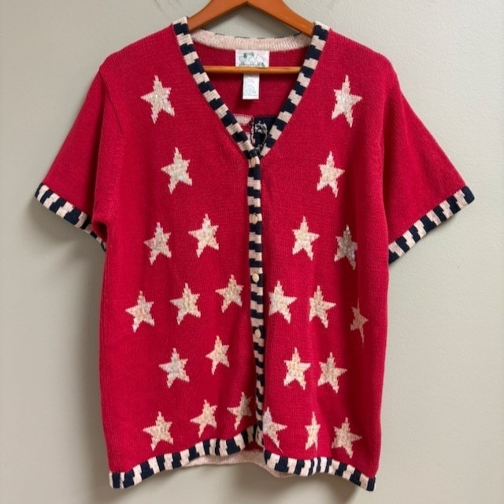 Quacker Factory Womens USA Stars Stripes Short Sleeve Cardigan Size L‎ America